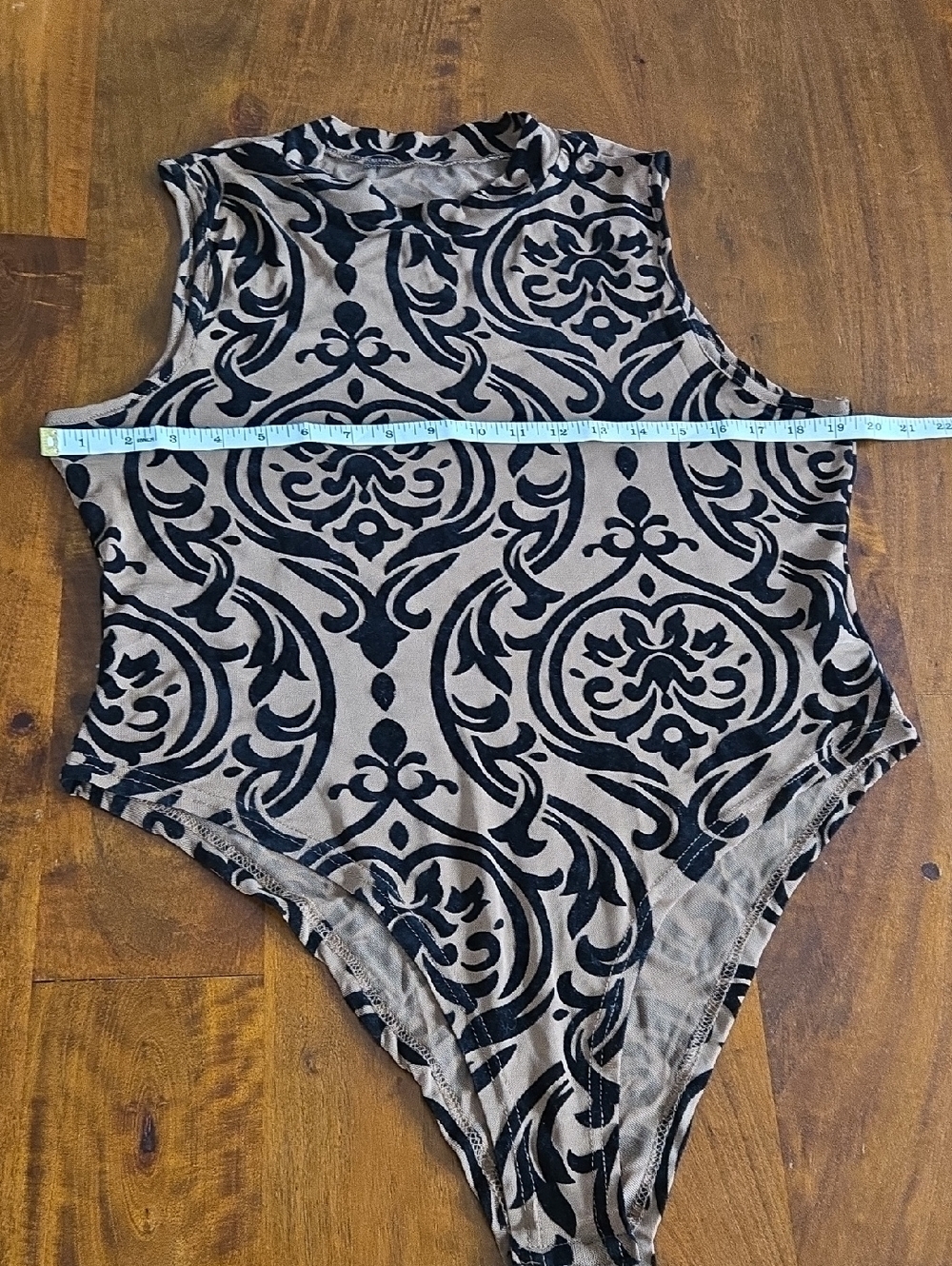 Black Velvet And Tan Damask Mesh Sheer Sleeveless Bodysuit - Picture 3 of 8